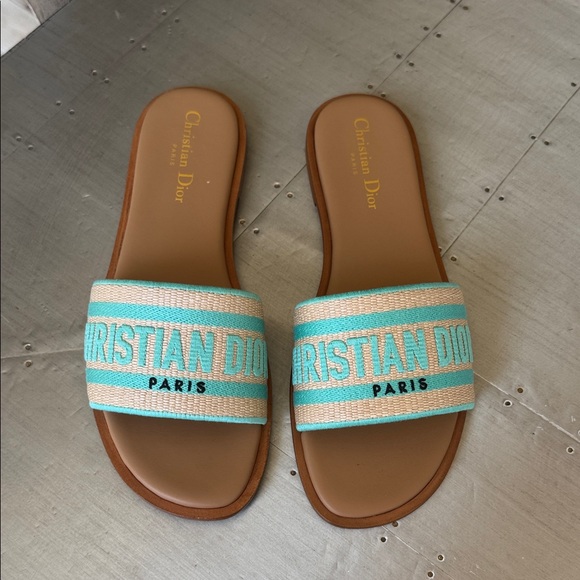 Dior Shoes - Christian Dior dway slide sandal flat aquamarine logo canvas leather sz 38.5